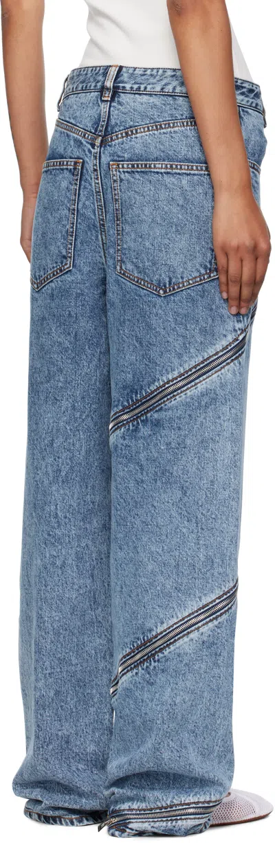 Alaïa Womens Bleu Vintage Spiral Zip-fastening Wide-leg High-rise Denim-blend Jeans In Blue