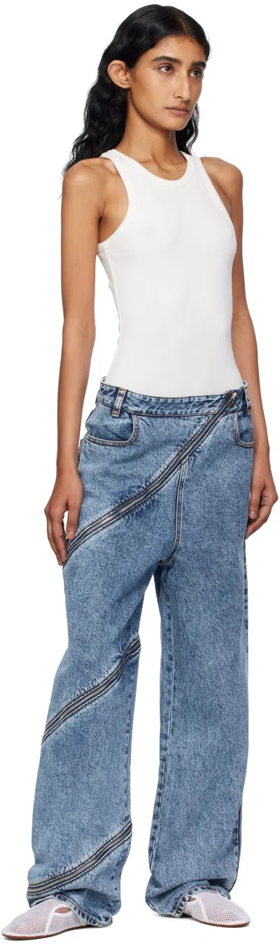 Alaïa Womens Bleu Vintage Spiral Zip-fastening Wide-leg High-rise Denim-blend Jeans In Blue