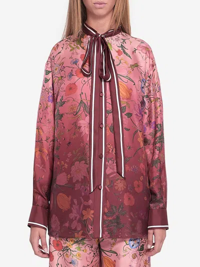 Gucci Bordeaux Shirt With Collar With Bow And All-over Flora Print In Silk Woman In Pink