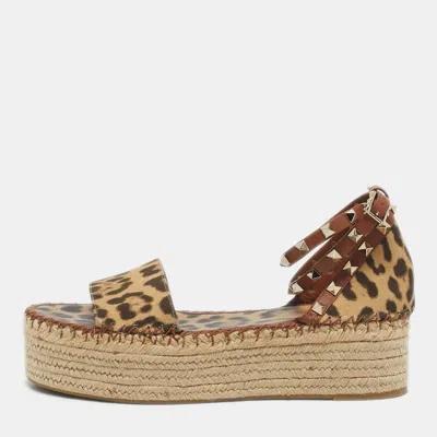 Pre-owned Valentino Garavani Beige/brown Leopard Canvas Rockstud Ankle Strap Platform Sandals Size 40