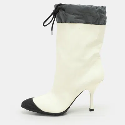 Pre-owned Miu Miu Cream/grey Patent Leather And Nylon Ankle Length Boots Size 41 In Beige