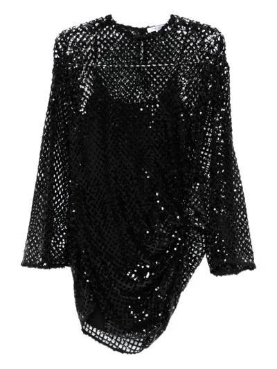 ATTICO RD LS EMB MESH RUCHED SIDE SHEER MINI DRESS BLACK
