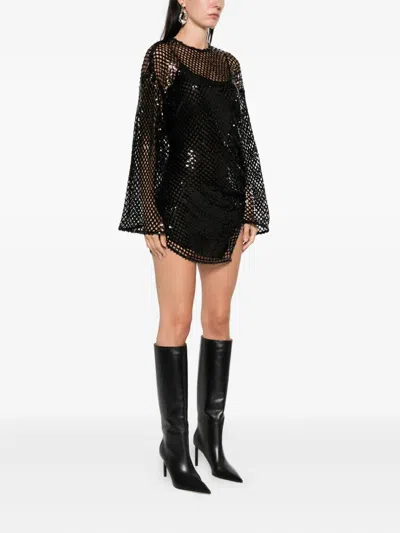 ATTICO RD LS EMB MESH RUCHED SIDE SHEER MINI DRESS BLACK