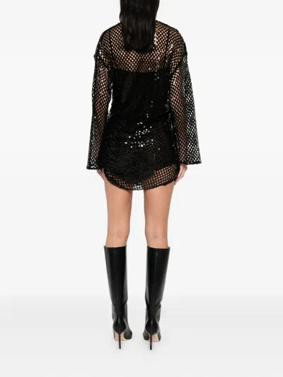 ATTICO RD LS EMB MESH RUCHED SIDE SHEER MINI DRESS BLACK