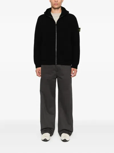Stone Island Hooded Sweater With Zip In Wool And Cashmere In Black