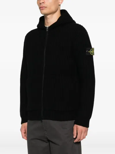 Stone Island Hooded Sweater With Zip In Wool And Cashmere In Black