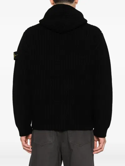 Stone Island Hooded Sweater With Zip In Wool And Cashmere In Black