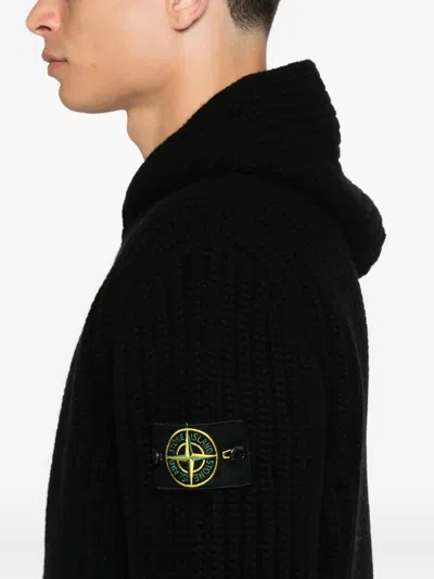 Stone Island Hooded Sweater With Zip In Wool And Cashmere In Black