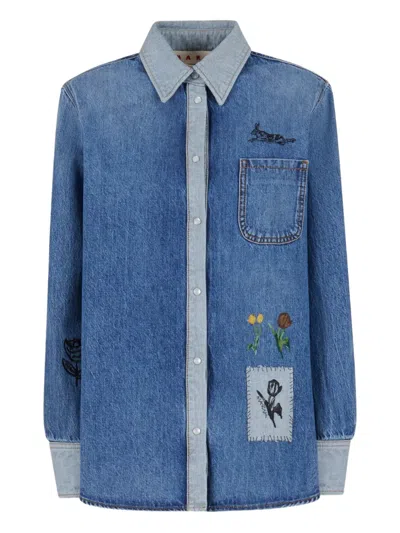 Marni Denim Shirt With Embroidered Floral Motifs In Blue