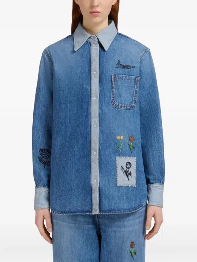 Marni Denim Shirt With Embroidered Floral Motifs In Blue