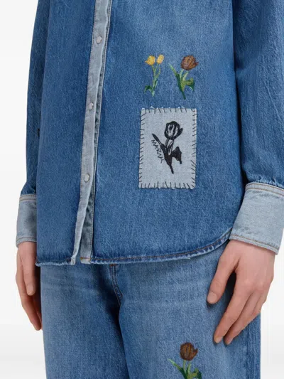 Marni Denim Shirt With Embroidered Floral Motifs In Blue