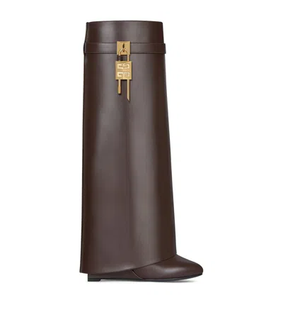 Givenchy Shark Lock Embellished Glossed-leather Knee Boots In Brown