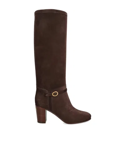 Valentino Garavani Knee-high Suede Boots With Leather Block Heel In Brown