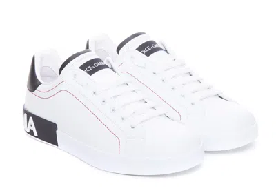 Dolce & Gabbana Portofino Leather Sneakers With Rubberized Logo Shoes In White
