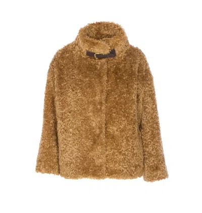 Herno Faux Fur Coat With Leather Belt In Brown