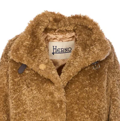 Herno Faux Fur Coat With Leather Belt In Brown