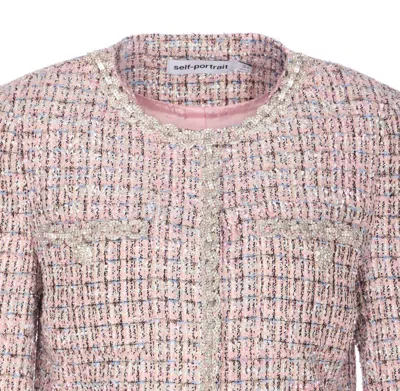Self-portrait Crystal-embellished Tweed Jacket In Brown