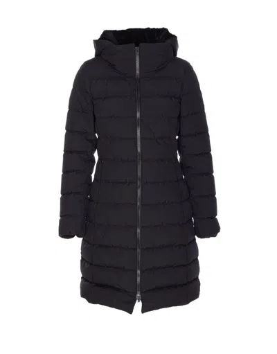 Herno Padded Hooded Long Down Jacket Zip Pockets In Black