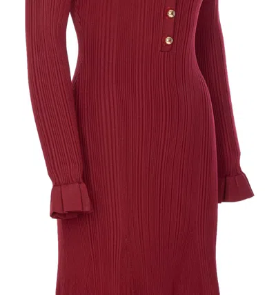 Self-portrait Button-embellished Ribbed-knit Midi Dress In Burgundy