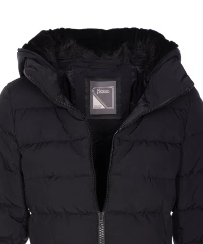 Herno Padded Hooded Long Down Jacket Zip Pockets In Black