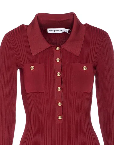 Self-portrait Button-embellished Ribbed-knit Midi Dress In Burgundy