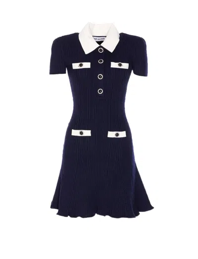 Self-portrait Mini Knitted Dress With Contrasting Collar In Blue