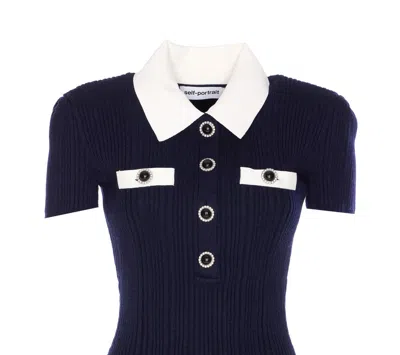 Self-portrait Mini Knitted Dress With Contrasting Collar In Blue