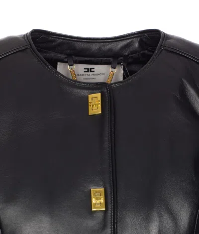 Elisabetta Franchi Leather Jacket With Monogram Metal Details In Black