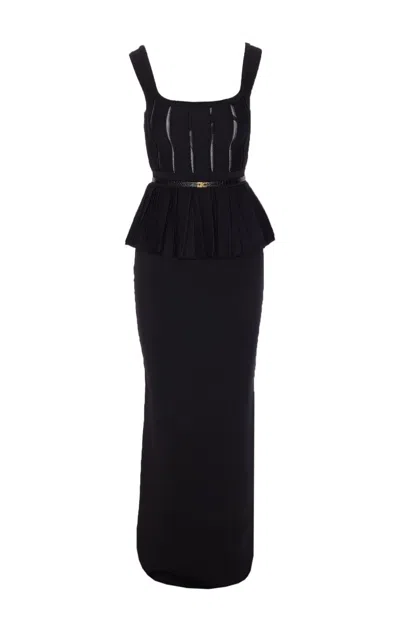 Elisabetta Franchi Red Carpet Pleated-peplum Knit Maxi Dress In Black