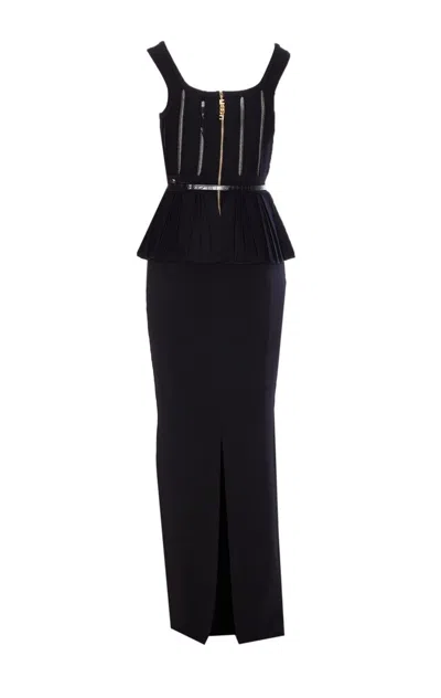 Elisabetta Franchi Red Carpet Pleated-peplum Knit Maxi Dress In Black