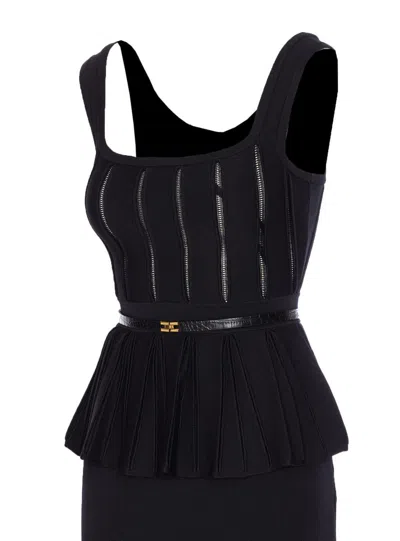 Elisabetta Franchi Red Carpet Pleated-peplum Knit Maxi Dress In Black