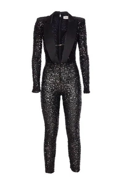 Elisabetta Franchi Sequin Trousers V-neck Embellished Detail In Black