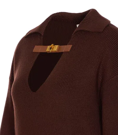 Elisabetta Franchi Knitwear Collared Design Long Sleeves Ribbed Texture V-neckline In Burgundy