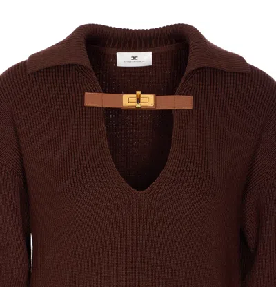 Elisabetta Franchi Knitwear Collared Design Long Sleeves Ribbed Texture V-neckline In Burgundy
