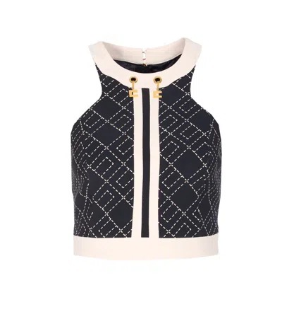 Elisabetta Franchi Charm Detail Crop Top With Geometric Pattern In Black