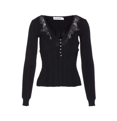Self-portrait Black Lace Trim Knit Top Tops Black In Black