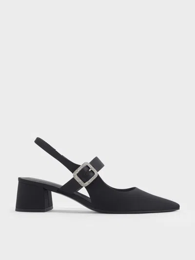 Charles & Keith - Satin Crystal-buckle Block-heel Slingback Pumps In Black