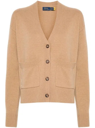 Polo Ralph Lauren Ribbed V-neck Cardigan With Button-down Front In Neutral