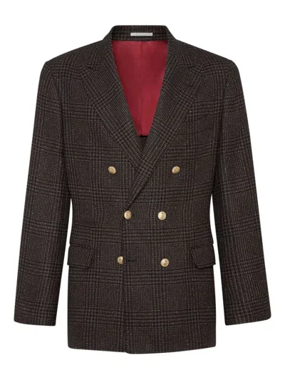 Brunello Cucinelli Prince Of Wales One-and-a-half Breasted Blazer With Metal Buttons In Brown