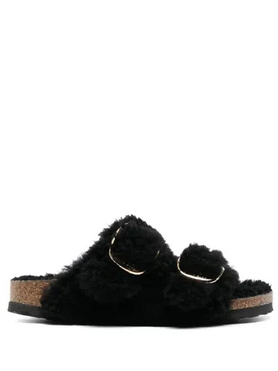 Birkenstock Arizona Shearling Slides With Large Buckle In Black