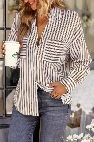 Truedames V Neck Striped Button Down Pocket Long Sleeve Blouse In Brown