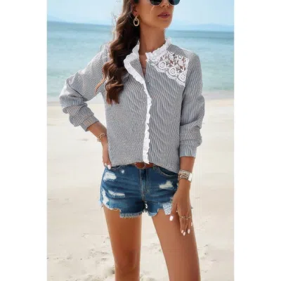Truedames Colorblock Guipure Lace Insert Button Front Shirt In Black