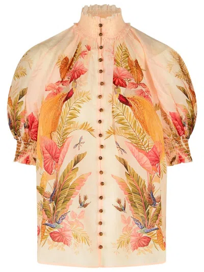 Zimmermann Ascension Embellished Shirred Floral-print Ramie Blouse In Multi