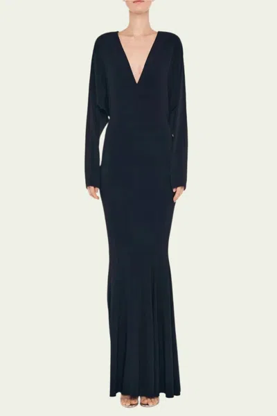 Norma Kamali Dolman V Neck Fishtail Gown In Black In Blue