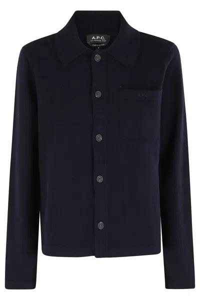 Apc A.p.c. Navy Blue Wool Cardigan With Classic Collar In Blue