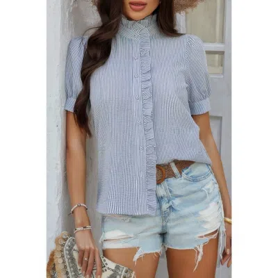 Truedames Strip Button Down Ruffle Hem Puff Short Sleeve Shirt In Blue