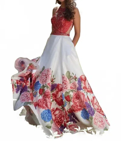 Paparazzi By Mori Lee Beaded Bodice Floral Printed Satin Ball Gown In White/floral In White
