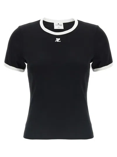 Courrèges Logo-embroidered Cotton T-shirt With Tipping In Black