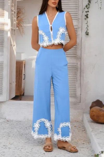 Truedames Two Pieces V Neck Button Lace Decorate Long Pants In Blue