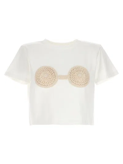 Magda Butrym Cropped Cotton T-shirt With Unique Front Embroidery In White